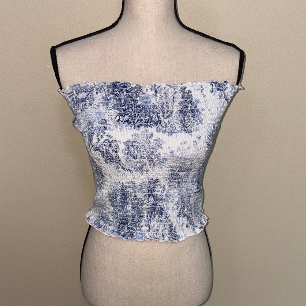 Blue and White Smocked Tube Top